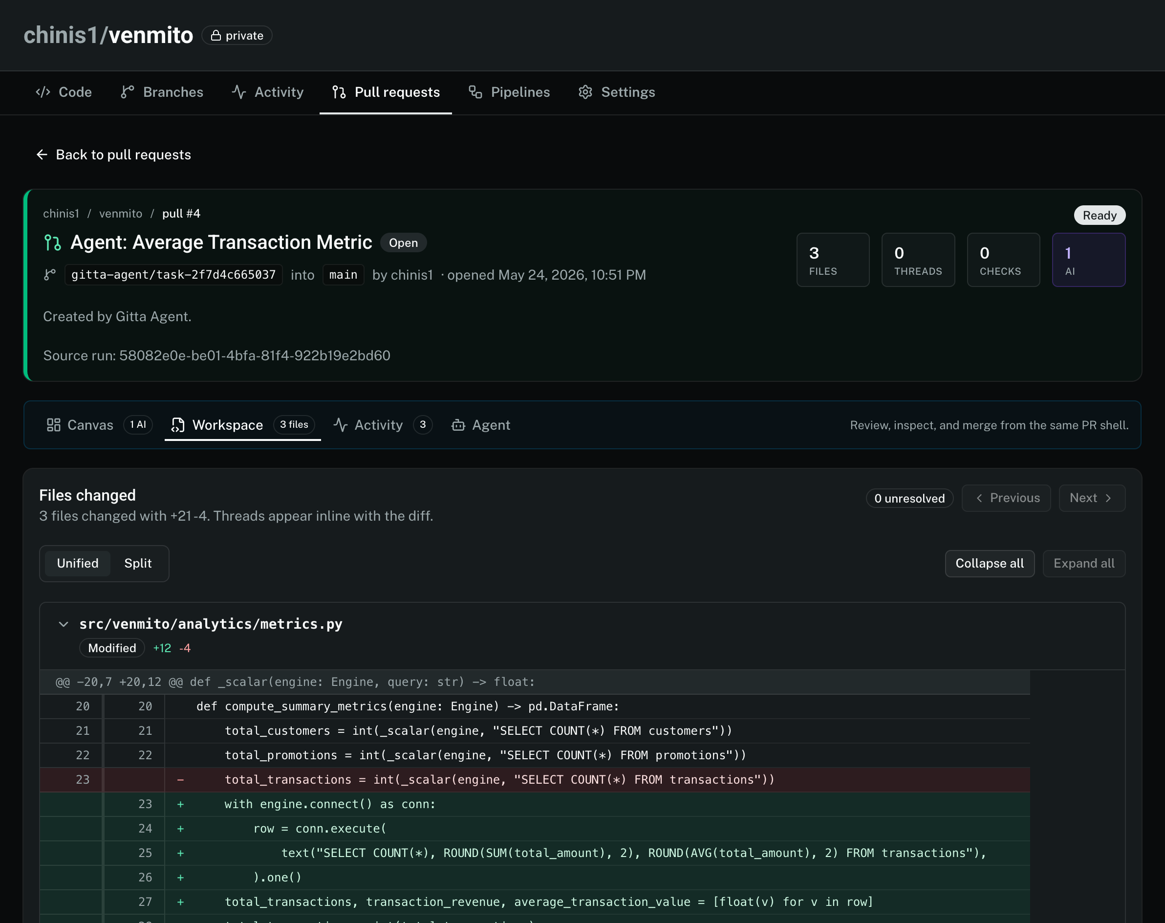Gitta pull request workspace showing the agent's diff