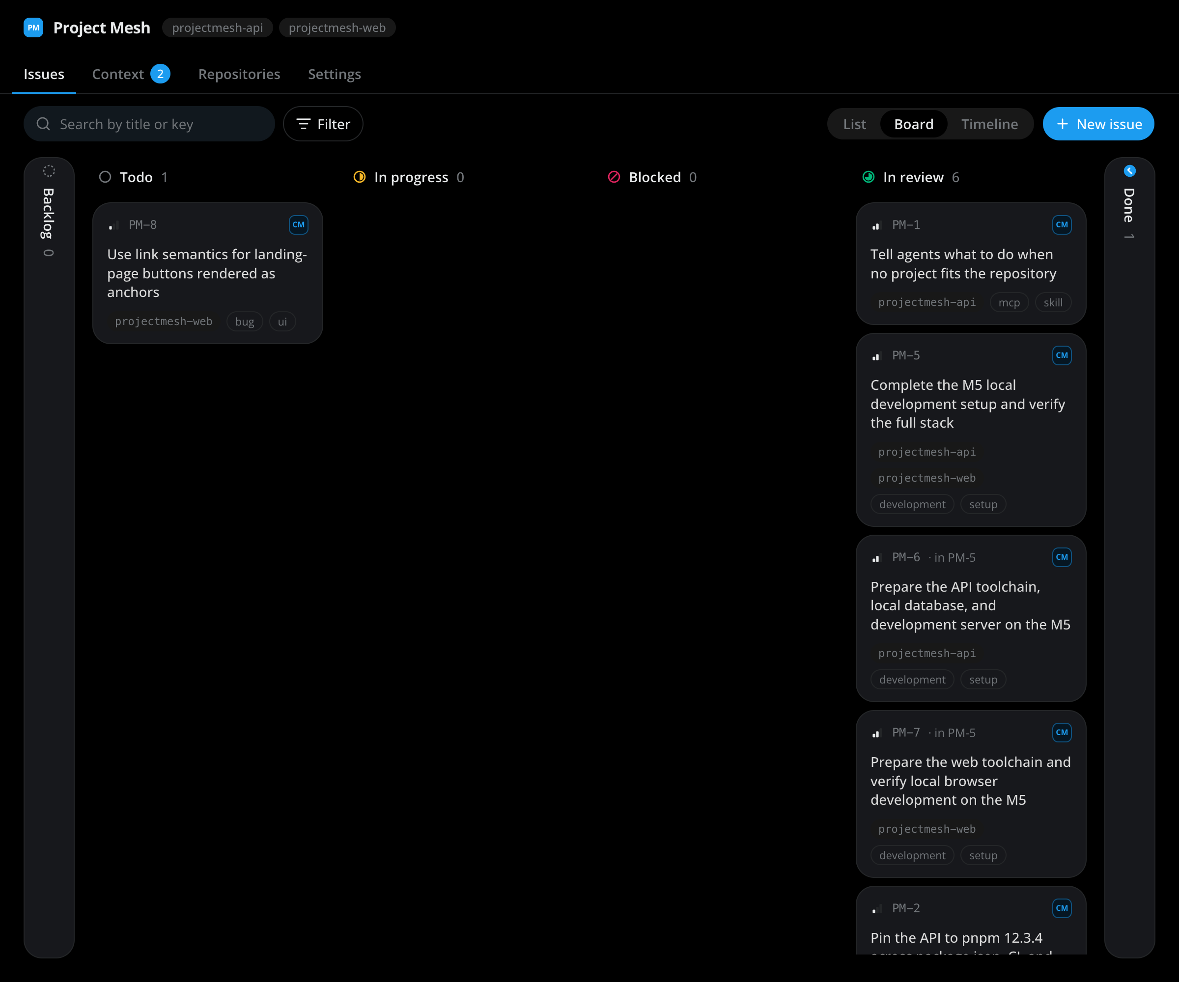 ProjectMesh issue board across the projectmesh-api and projectmesh-web repositories