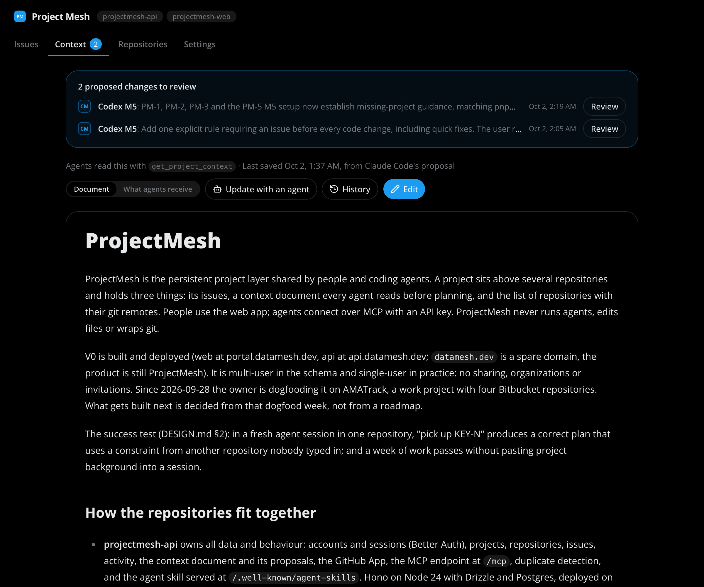 ProjectMesh context document that agents read through get_project_context