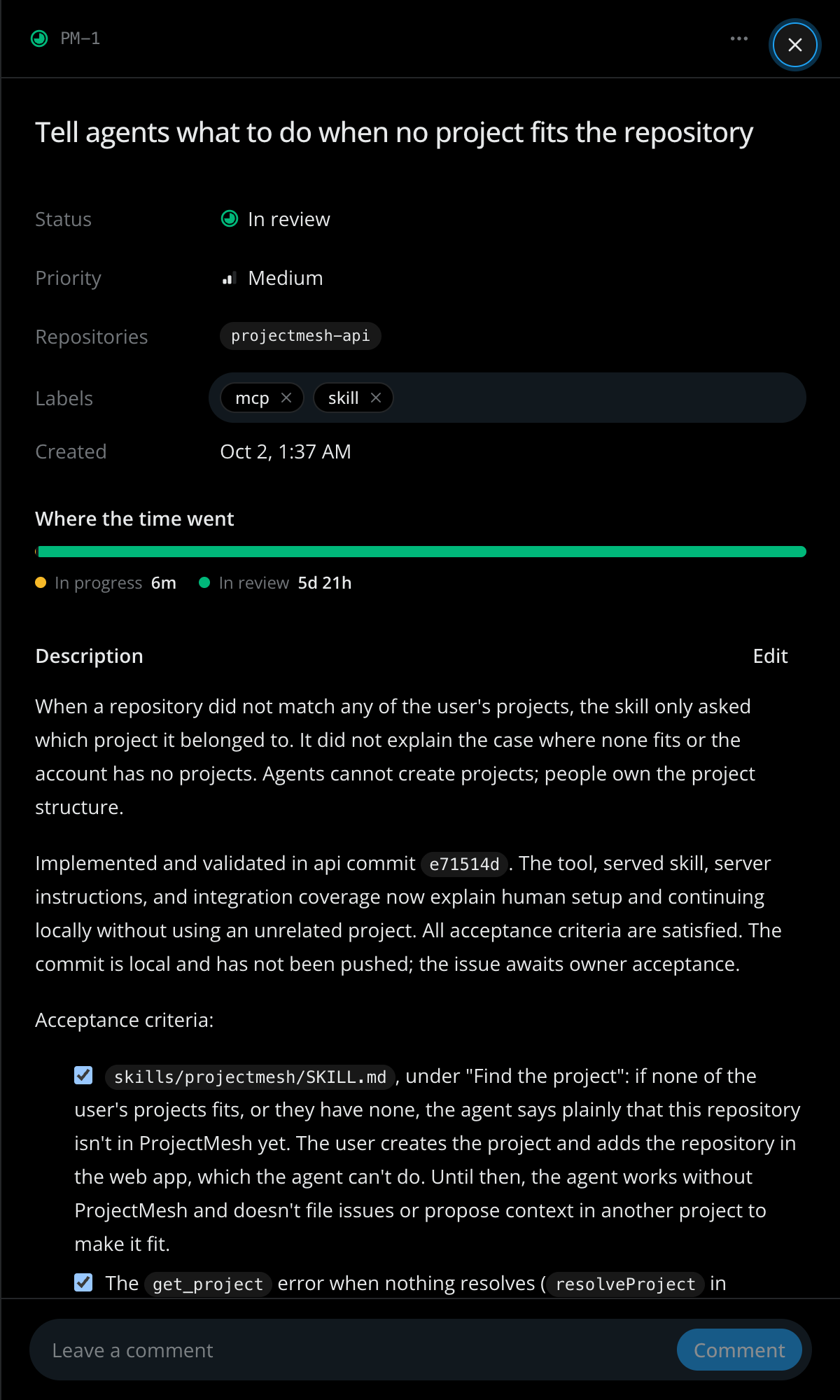 ProjectMesh issue drawer with status, repositories, time spent per status and acceptance criteria